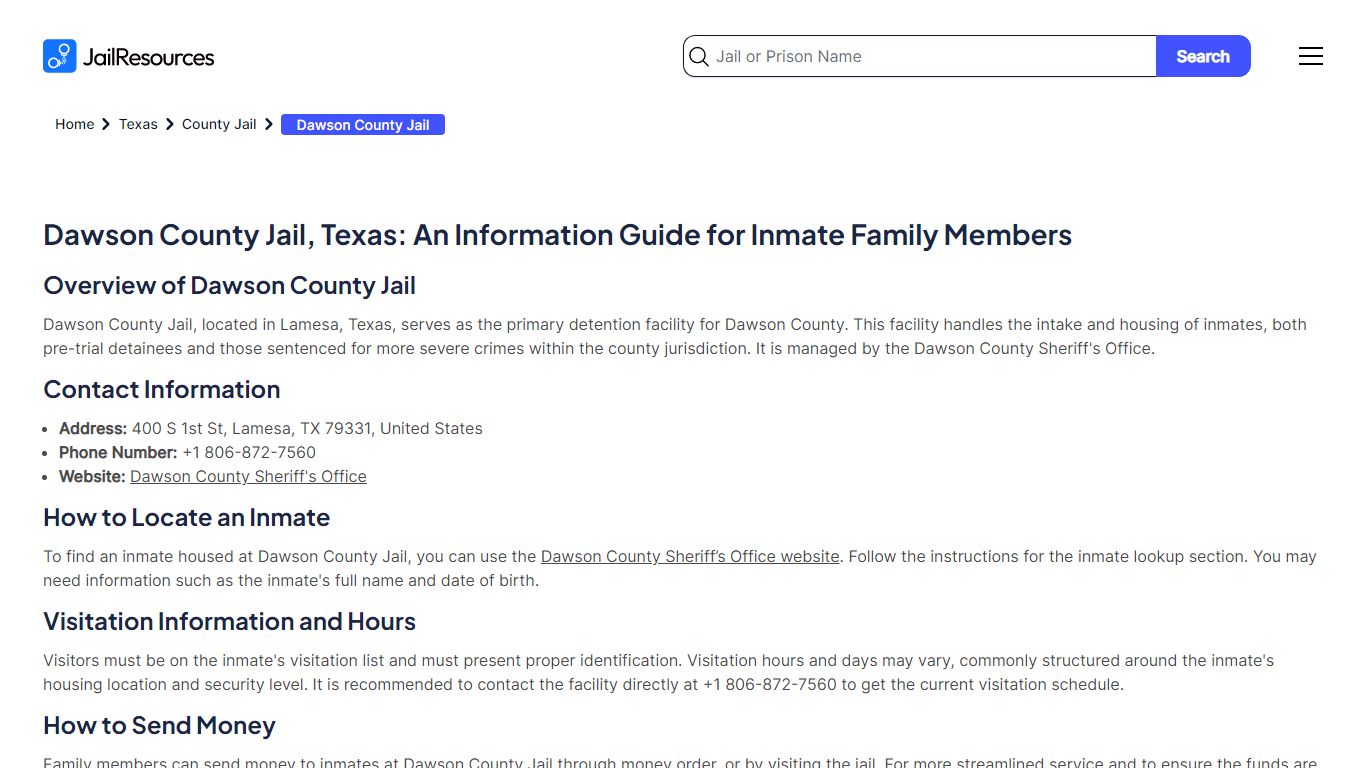 Dawson County Jail Texas Department of Criminal Justice (TDCJ) Inmate ...